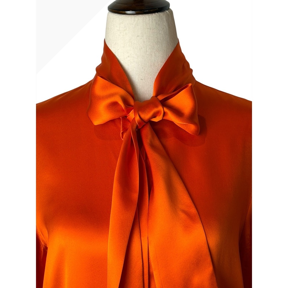Max & Co Silk Satin Bow Blouse Women 6 Orange Tie Neck Long Sleeve Top Luxury - Picture 4 of 13